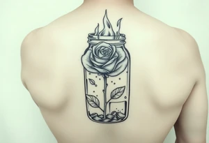 a rose on fire trapped in a jar with water drops. Whole jar with rose inside tattoo idea