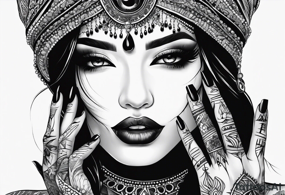 Women’s fingers with nails are on the half of her face tattoo idea