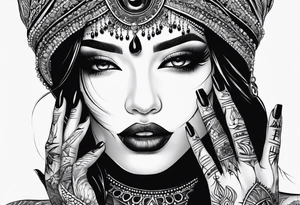 Women’s fingers with nails are on the half of her face tattoo idea