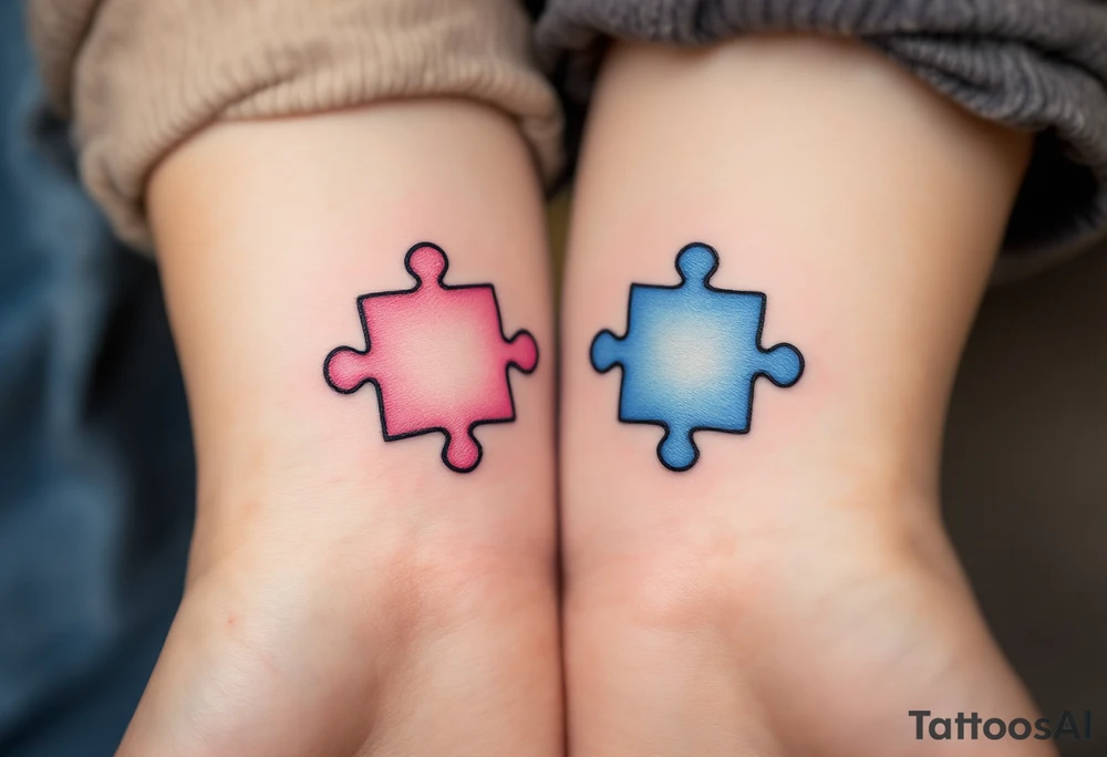 Interlocking puzzle pieces in soft pink and muted blue on the inner wrists symbolize how perfectly you fit together. tattoo idea