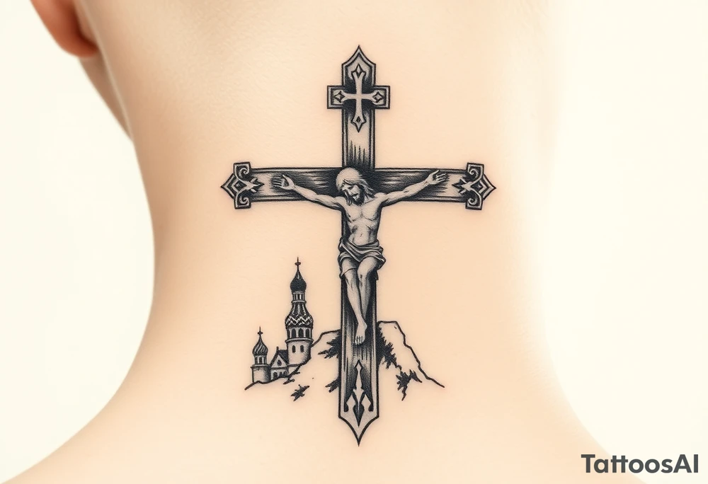 Traditional orthodox ICXC Christian cross with Jesus Christ on the cross also with the slanted part of the cross where christs feet were nailed in a Russian wilderness Kremlin setting tattoo idea