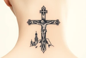 Traditional orthodox ICXC Christian cross with Jesus Christ on the cross also with the slanted part of the cross where christs feet were nailed in a Russian wilderness Kremlin setting tattoo idea