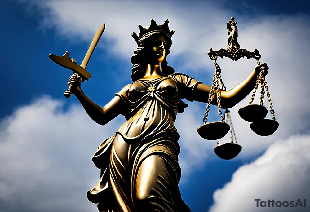 Lady Justice, 
Blindfold: Symbolizes impartiality, indicating that justice should be administered without bias, regardless of identity, wealth, power, or status.
Scales: Represent the weighing of evidence and arguments, ensuring a balanced and fair verdict.
Sword: Signifies the enforcement of justice and the authority to make decisions that can have powerful consequences.
In this depiction, Lady Justice is shown with black hair, which is a unique artistic choice compared to the more traditional representations. The scales, blindfold, and sword are all present, adhering to the classic iconography but with a modern and colorful twist. blue roses frames, background blue,present it in a tattoo tattoo idea