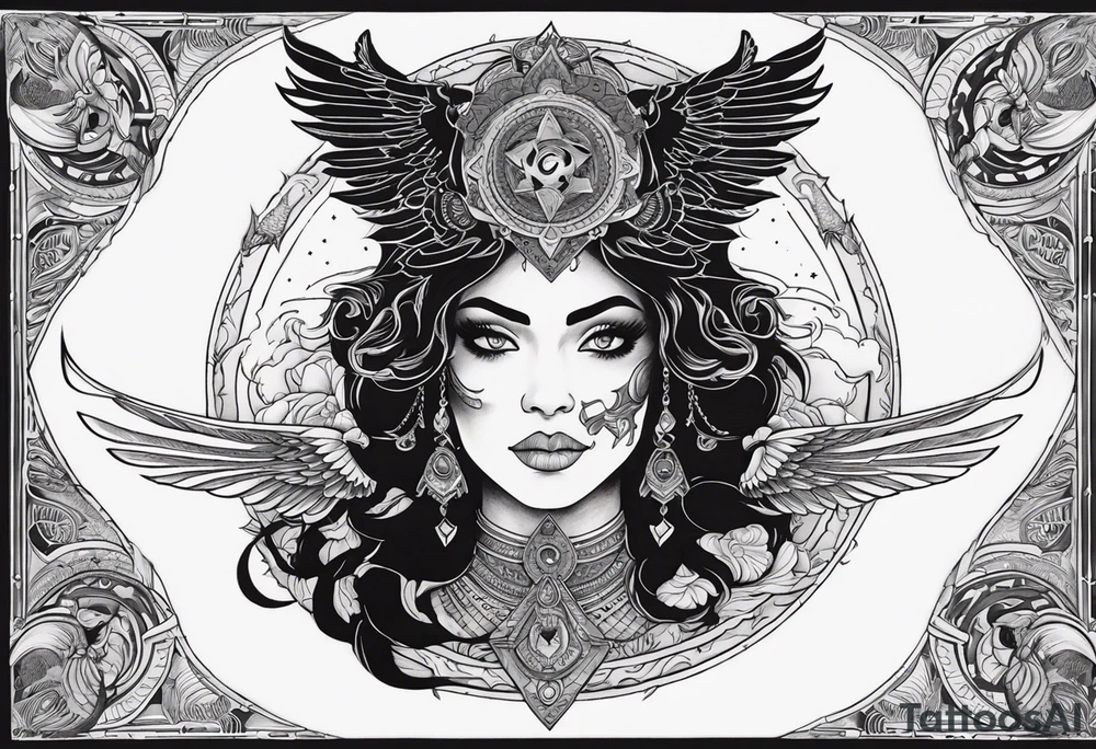 black kali, goddess pirate, alien, angel, pachamama, valkrye, warrior, flying, skull, lotus azul, wing, eagle, zenza resonance, stars, 5D, anahata chakra, death, durga, riding on a tiger, flying lady, chest tatoo tattoo idea