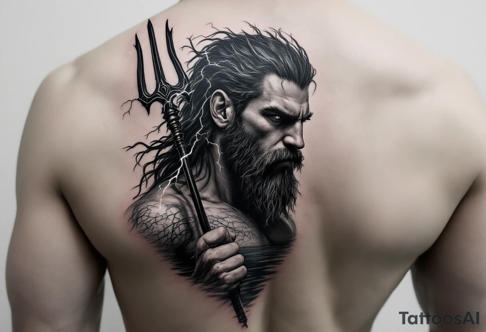 fit poseidon, behind a trident, with lightning, in calm water tattoo idea