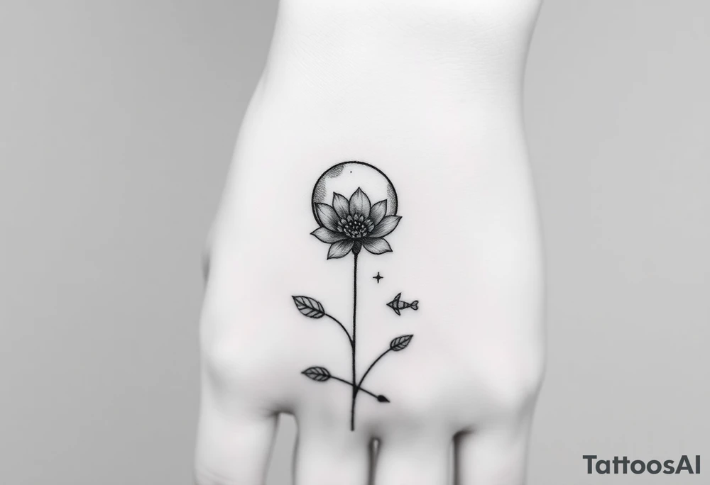 Small black ink minimalist tattoo with full moon, small chrysanthemum and tiny scorpio gliph tattoo idea