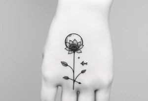 Small black ink minimalist tattoo with full moon, small chrysanthemum and tiny scorpio gliph tattoo idea