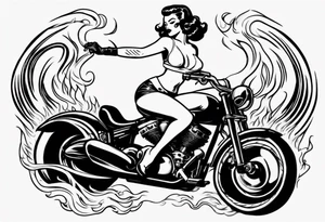 pinup doll riding a motorcycle  through flames tattoo idea