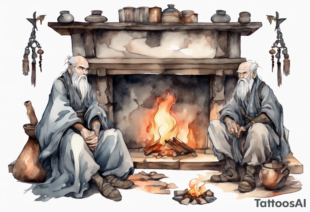 a Medieval man with a grey beard scowling sitting by the hearth tattoo idea