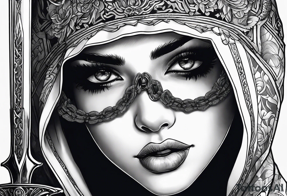 Bind Girl with cover on her eyes with a sword in her hand and in the other hand Golda a scale tattoo idea