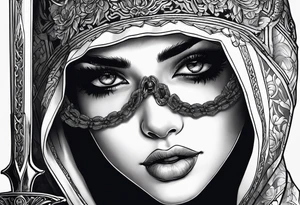 Bind Girl with cover on her eyes with a sword in her hand and in the other hand Golda a scale tattoo idea