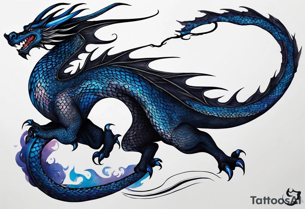 An epic floating dragon. Its long body coiling dynamically, with scales and horns detailed to create a sense of movement and strength. The dragon's main color is midnight blue, giving a vibrant depth and a mystical aura. This tattoo highlights the dragon’s fierce expression and sharp claws. tattoo idea