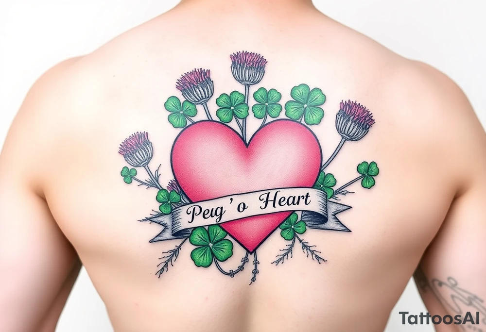 Bunch of Green shamrocks & purple thistles with a big pink heart and a banner across the heart that says " Peg 'o My Heart" tattoo idea