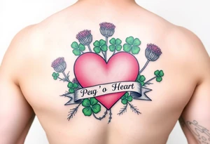 Bunch of Green shamrocks & purple thistles with a big pink heart and a banner across the heart that says " Peg 'o My Heart" tattoo idea