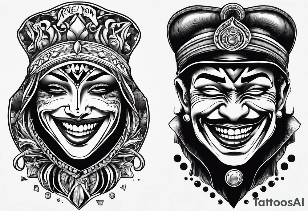 una maschera che piange e una che ride con una scritta smile now cry later tattoo idea