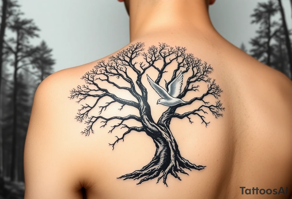 "A tattoo design featuring sun rays  clearly radiating from the top of the shoulder, with a serene forest scene in the background. Incorporate a prominent 'poison tree' design, featuring twisted and gnarled branches, symbolizing duality or mystery. Add a white dove in flight in the foreground, positioned slightly above or near the tree, symbolizing peace and hope. The overall design should have a balance of contrast and shading, blending realism with a slightly surreal artistic style." MAKE SURE THE TATOO IS ON THE SHOULDER tattoo idea