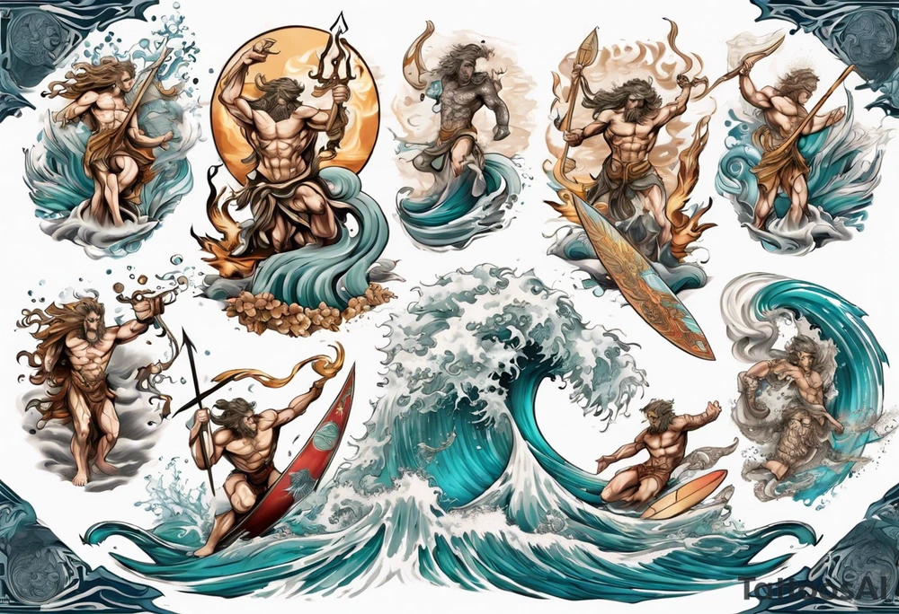 Ancient Greek gods of the sea fighting with surfer  and trident tattoo idea