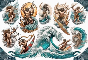 Ancient Greek gods of the sea fighting with surfer  and trident tattoo idea