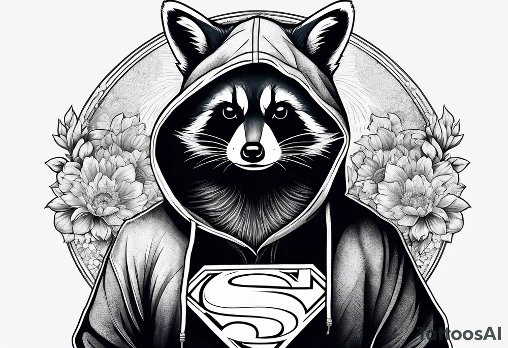 raccoon wearing a Superman hoodie tattoo idea