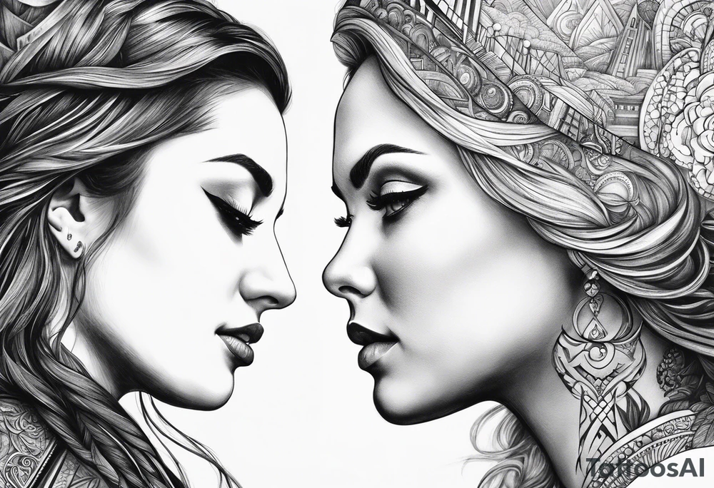 2 womans faces looking into each other eyes the womans face on the right side morphs into a city and the womans face on the left side morphs into mountains tattoo idea