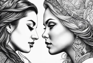 2 womans faces looking into each other eyes the womans face on the right side morphs into a city and the womans face on the left side morphs into mountains tattoo idea