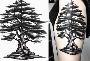 Pine tree conected with reflecting junpier tree tattoo idea