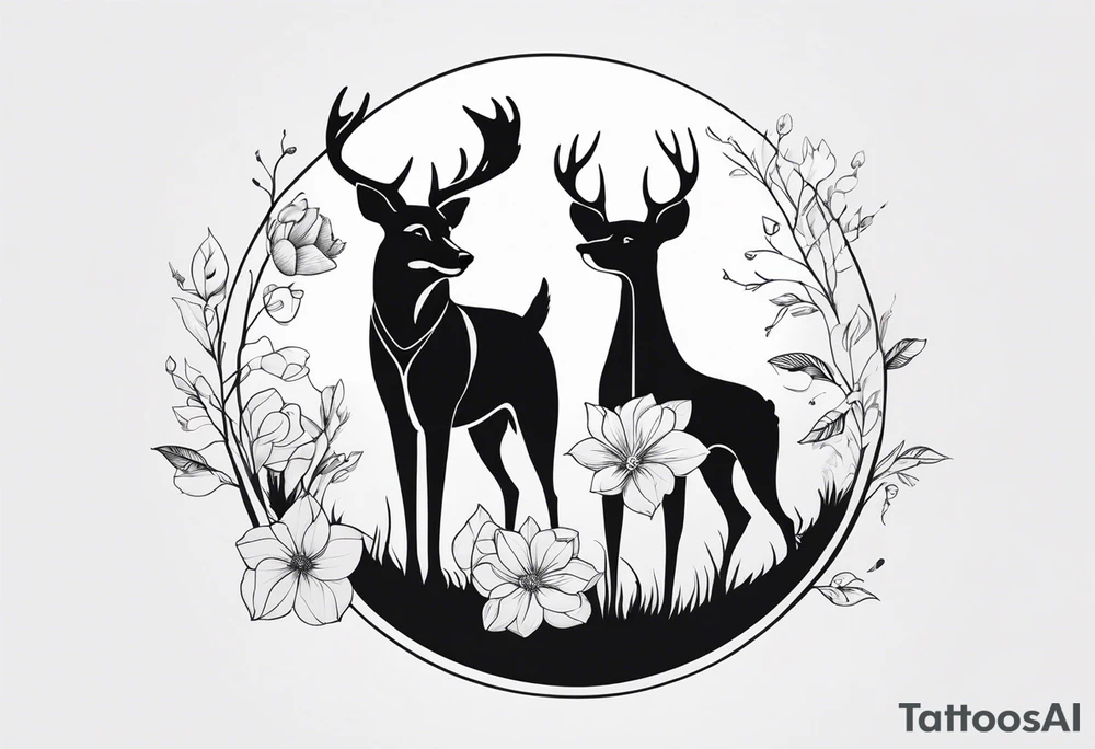 Hunting dog an deer next to each other, circle around the tattoo with flowers tattoo idea