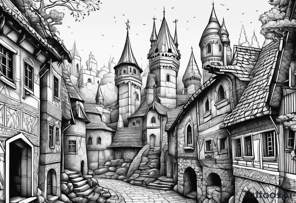 medieval tribal city land vignette tattoo idea
