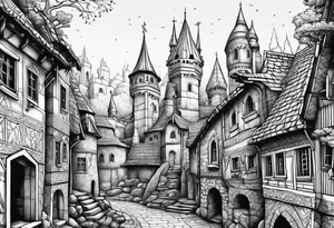 medieval tribal city land vignette tattoo idea