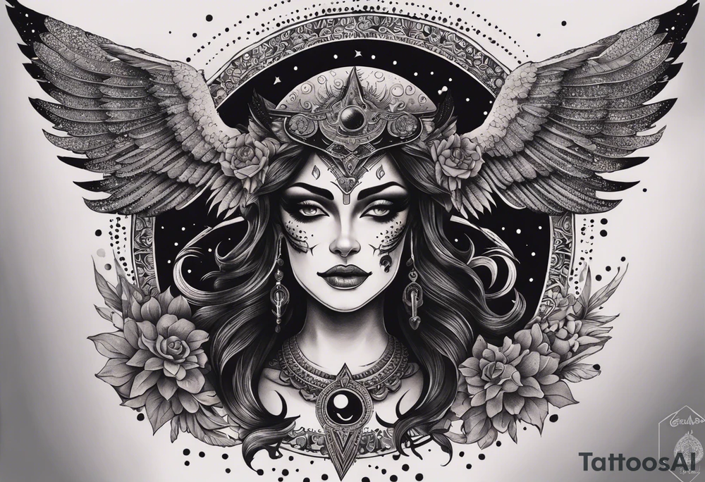 black kali, goddess pirate, alien, angel, pachamama, valkrye, warrior, flying, skull, lotus azul, wing, eagle, zenza resonance, stars, 5D, anahata chakra, death, durga, riding on a tiger, flying lady, chest tatoo tattoo idea