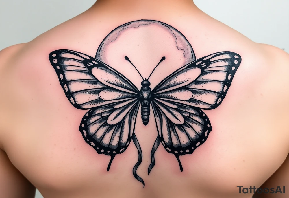 ethereal butterfly with flowing silk ribbons in moonlight tattoo idea
