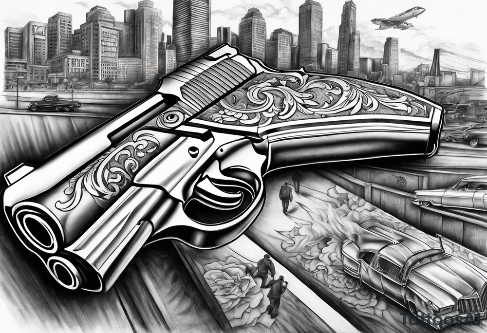 Chicano style 
city gangster guns shootout tattoo idea