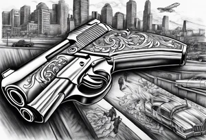 Chicano style 
city gangster guns shootout tattoo idea