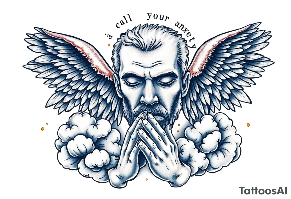 cast all your anxiety on him because he cares for you"  surrounded with clouds and angels and praying hands tattoo idea
