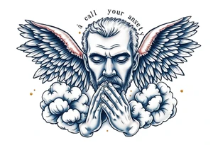 cast all your anxiety on him because he cares for you"  surrounded with clouds and angels and praying hands tattoo idea