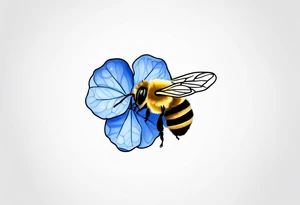 Small minimalist tattoo for forearm of a blue Hydrangea and a very small bee. tattoo idea