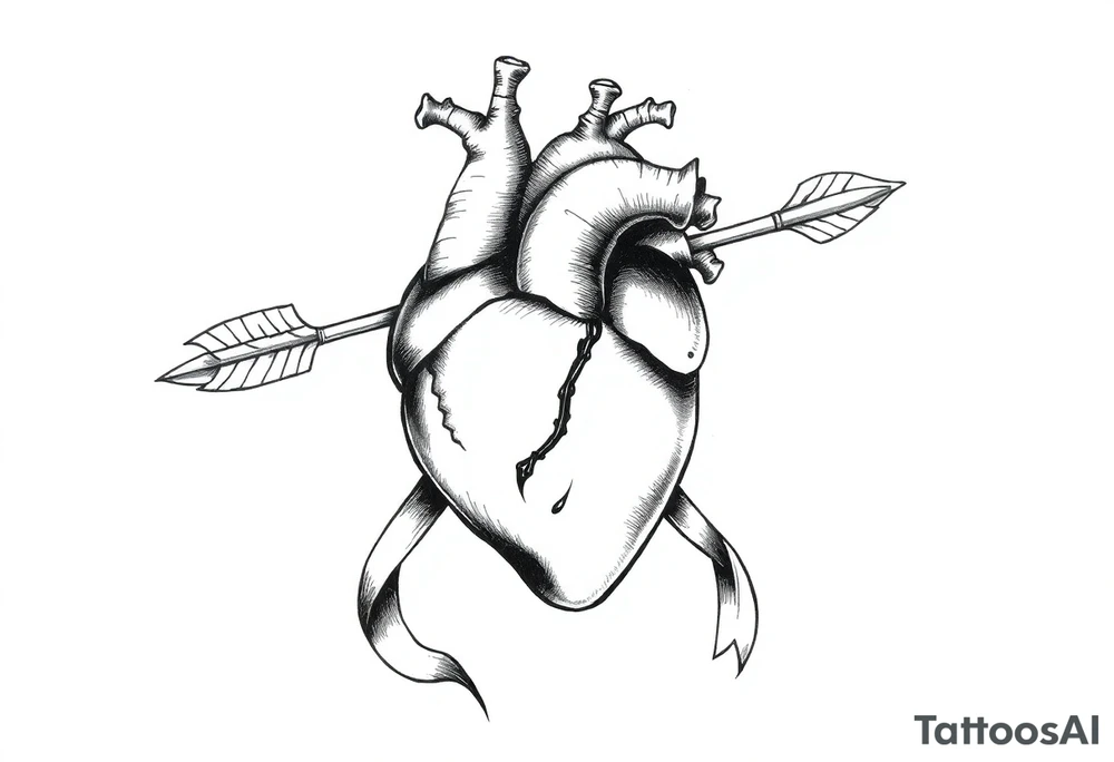anatomical heart pierced by ornate arrow with flowing ribbons tattoo idea