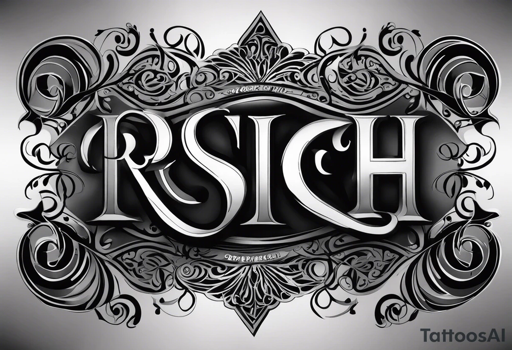 A forearm tattoo featuring the words “RICH” and “RISK” in bold, 3D block letters, shaded for a raised effect. Decorative swirls surround the words, adding elegance to the monochromatic black and gray design. The “RICH” and “RISK” tattoo represents the idea that achieving success often requires taking bold risks, symbolizing courage and ambition in the pursuit of wealth or personal growth. tattoo idea