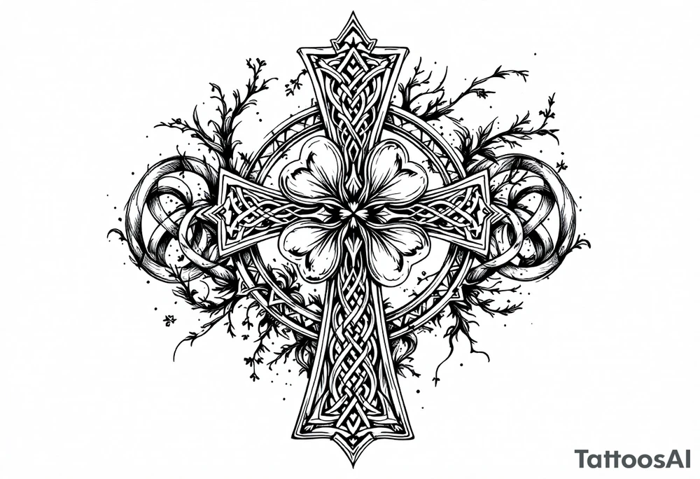 detailed irish celtic cross with a four leaf clover being surrounded by other celtic elements tattoo idea detailed irish celtic cross with a four leaf clover being surrounded by other celtic elements tattoo idea