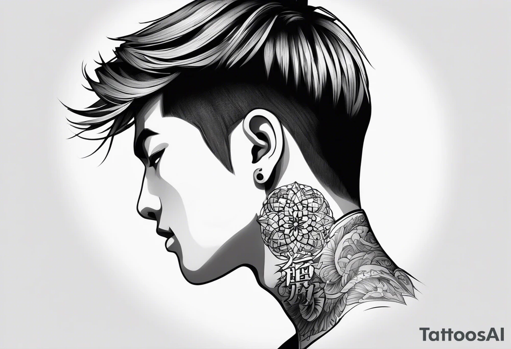 Tattoo behind the ear saying “only one life” in Japanese on male tattoo idea