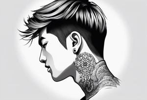 Tattoo behind the ear saying “only one life” in Japanese on male tattoo idea