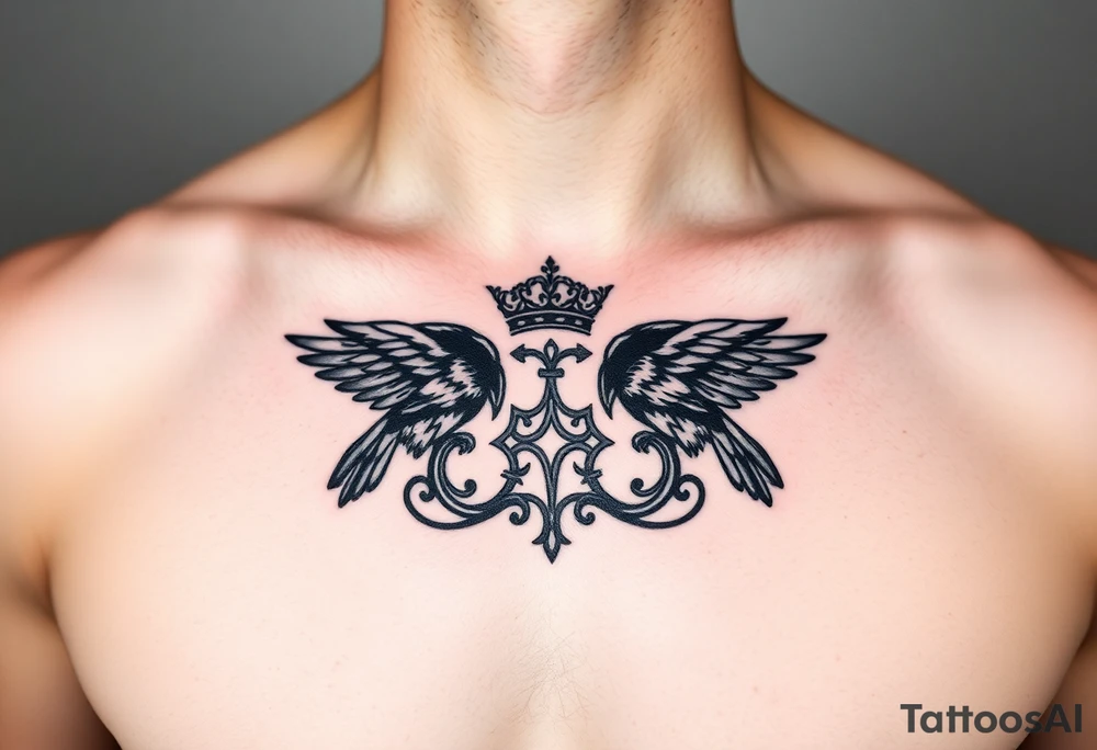 Chest tattoo, two ravens and icelandic symbols, dark brest tattoo, crown betwen ravens tattoo idea