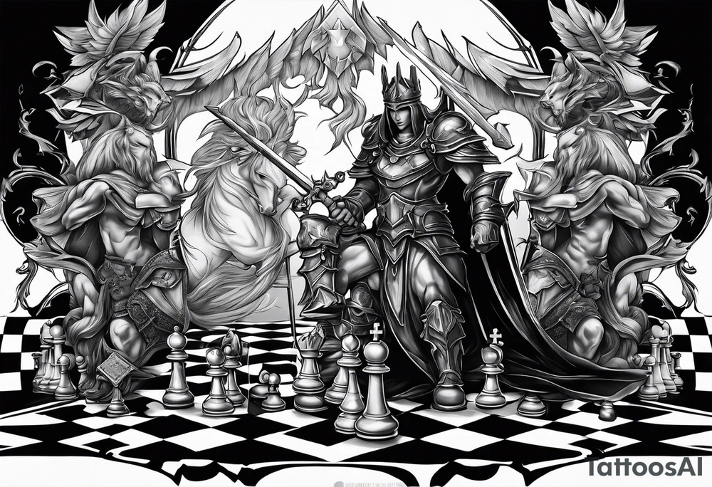 a chessboard with angelic and demonic chess pieces engaged in a strategic game, symbolizing the eternal battle between opposing forces. tattoo idea