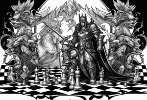 a chessboard with angelic and demonic chess pieces engaged in a strategic game, symbolizing the eternal battle between opposing forces. tattoo idea