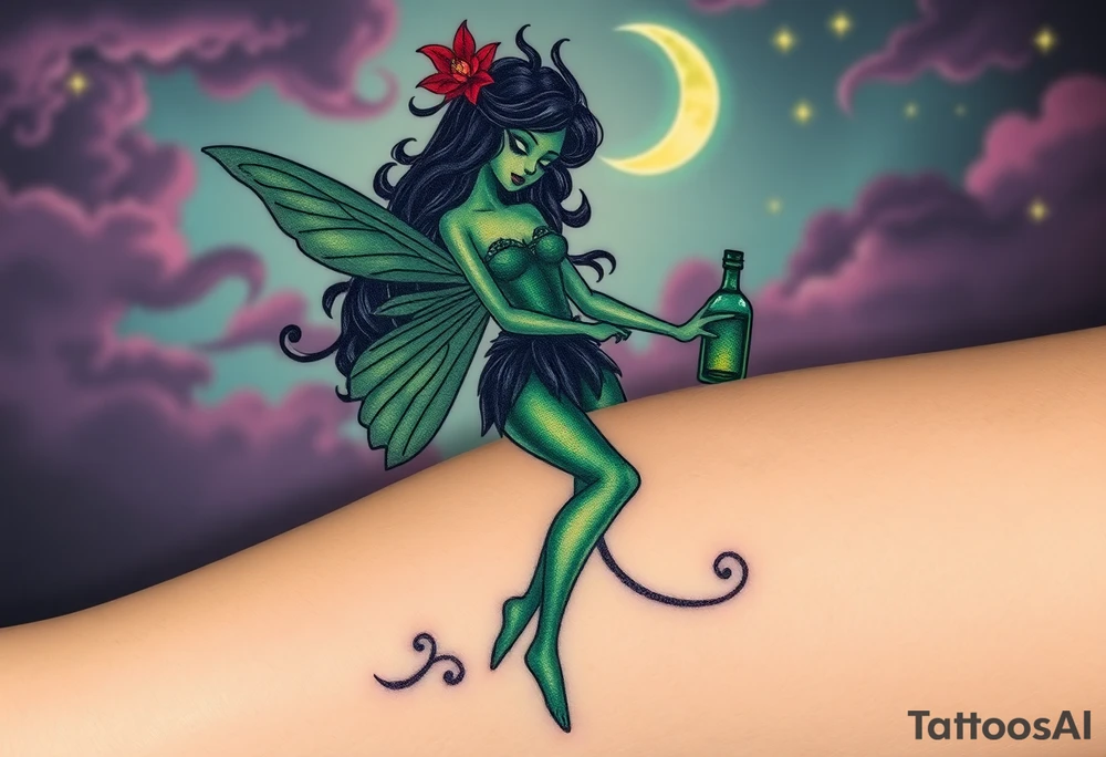 Tim Burton’s pin up style Vintage Parisian elegant and hauntingly beautiful yet eerie full body absinthe Green Fairy dances outside her victorian crystal decatur absinthe bottle Absinthe Art Nouveau   and dripping with muted reds, dusty pinks, and eerie green glow.purple and cyan smokey clouds swirl in the crescent moonlit sky thats sprinkled with stars tattoo idea