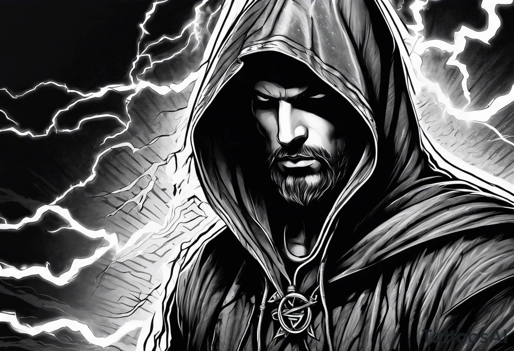 Hooded figure with a ring of lightning behind him tattoo idea