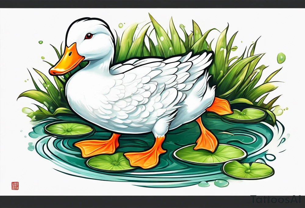 A white Duck with orange feet and a green toad playing together in a pond tattoo idea