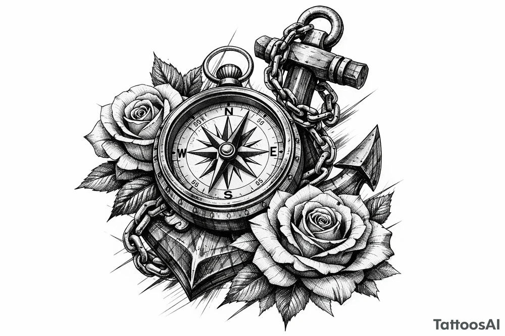 a compass,anchor,roses. tattoo idea