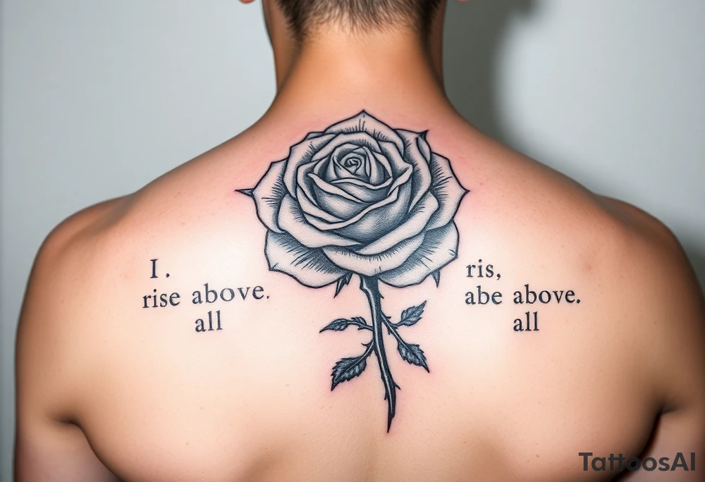 rose tattoo with thorns saying rise above all tattoo idea