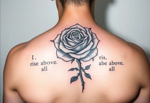rose tattoo with thorns saying rise above all tattoo idea